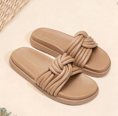 HEIDI TAUPE FAUX LEATHER LIFTED SLIP ON FLAT FLATFORM KNOT DESIGN SLIPPER SANDAL
