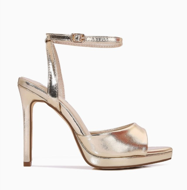HINA GOLD METALLIC FAUX LEATHER PLATFORM STILEETO WITH ANKLE STRAP