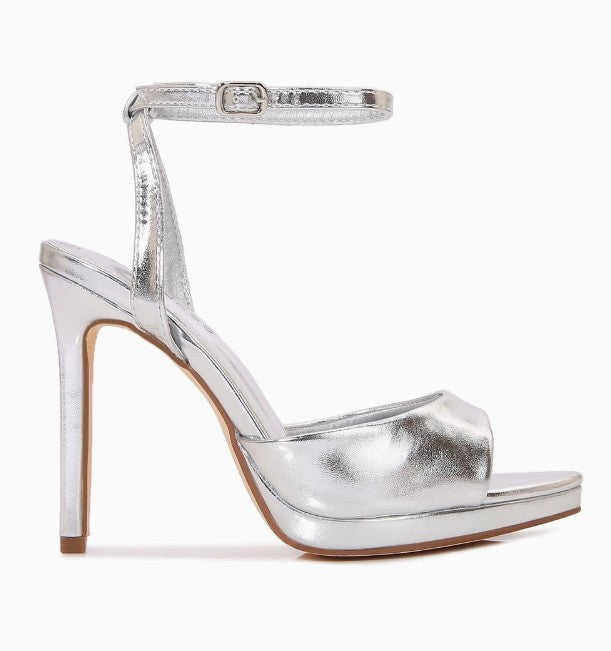 HINA SILVER METALLIC FAUX LEATHER PLATFORM STILEETO WITH ANKLE STRAP