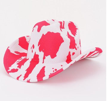 PLAINS HOT PINK AND WHITE FAUX WOOL COW PRINT COWBOY HAT