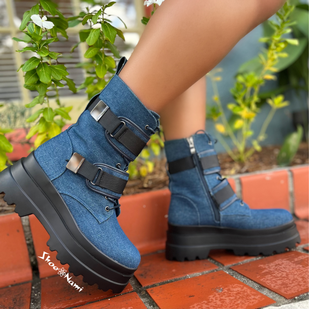 JADED-2

- Blue Denim
- Combat Biker Boot
- Lace Up
- Adjustable Straps
- Chunky Lug Sole  Heel, Approx. 3"
- Also Available in Black