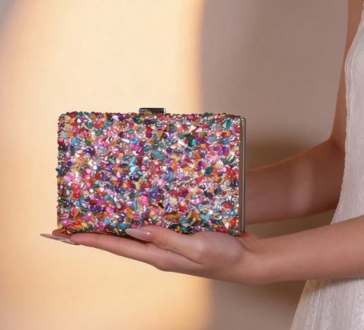 JAZZ MULTICOLOR BEAD ENCRUSTED RECTANGULAR HARD CASE EVENING BAG CLUTCH WITH OPTIONAL SILVER CHAIN STRAP