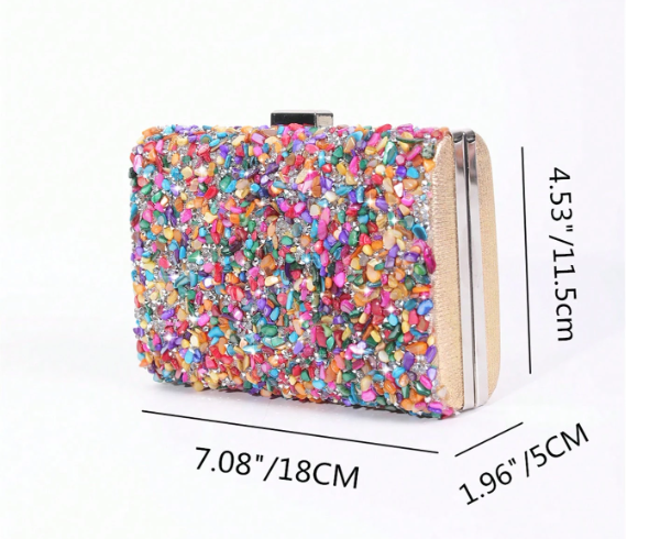 JAZZ MULTICOLOR BEAD ENCRUSTED RECTANGULAR HARD CASE EVENING BAG CLUTCH WITH OPTIONAL SILVER CHAIN STRAP