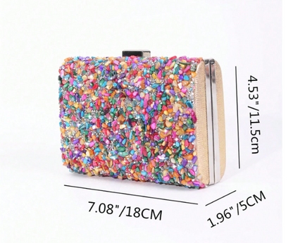 JAZZ MULTICOLOR BEAD ENCRUSTED RECTANGULAR HARD CASE EVENING BAG CLUTCH WITH OPTIONAL SILVER CHAIN STRAP