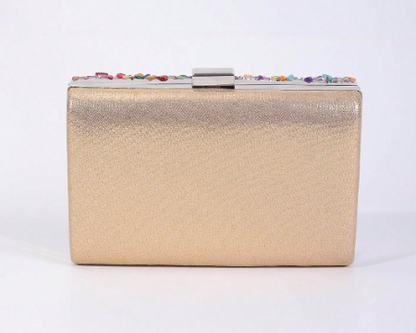 JAZZ MULTICOLOR BEAD ENCRUSTED RECTANGULAR HARD CASE EVENING BAG CLUTCH WITH OPTIONAL SILVER CHAIN STRAP