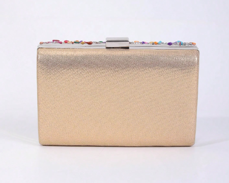 JAZZ MULTICOLOR BEAD ENCRUSTED RECTANGULAR HARD CASE EVENING BAG CLUTCH WITH OPTIONAL SILVER CHAIN STRAP