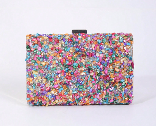 JAZZ MULTICOLOR BEAD ENCRUSTED RECTANGULAR HARD CASE EVENING BAG CLUTCH WITH OPTIONAL SILVER CHAIN STRAP