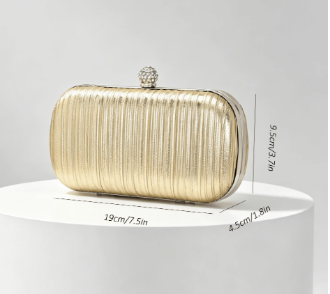 JOAN GOLD HARD CASE CLUTCH WITH PLEATED SHIMMER FABRIC AND RHINESTONE COVERED BALL CLASP