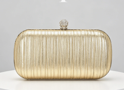 JOAN GOLD HARD CASE CLUTCH WITH PLEATED SHIMMER FABRIC AND RHINESTONE COVERED BALL CLASP