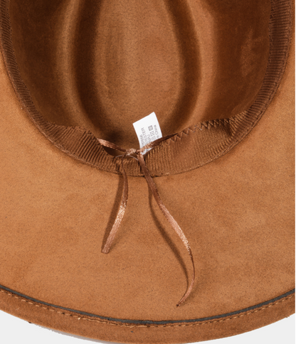JOHANNA TAN FAUX SUEDE COWBOY HAT WITH SILVER AND TURQUOISE BAND DESIGN
