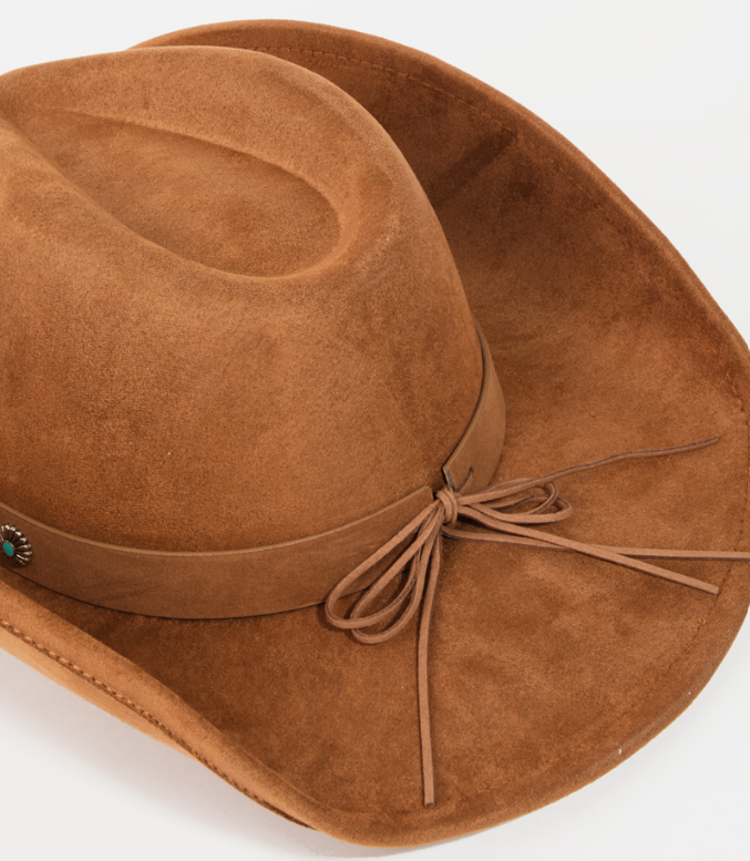 JOHANNA TAN FAUX SUEDE COWBOY HAT WITH SILVER AND TURQUOISE BAND DESIGN