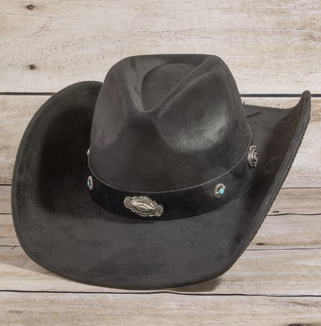JOHANNA BLACK FAUX SUEDE COWBOY HAT WITH SILVER AND TURQUOISE BAND DESIGN (Copy)