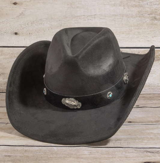 JOHANNA BLACK FAUX SUEDE COWBOY HAT WITH SILVER AND TURQUOISE BAND DESIGN (Copy)