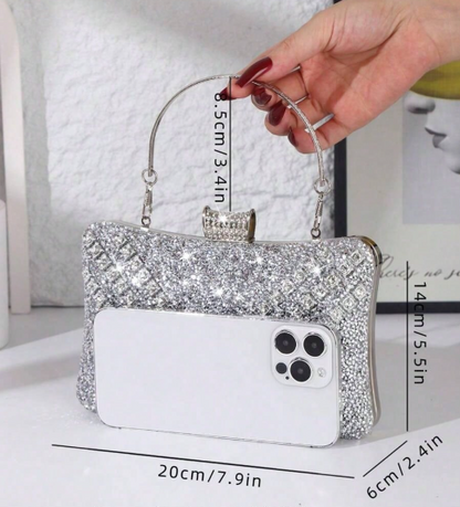 KACEY SILVER RHINESTONE COVERED RECTANGULAR HARD CASE EVENING BAG CLUTCH WITH RHINESTONE CLOSURE AND OPTIONAL SILVER CHAIN STRAP