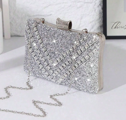 KACEY SILVER RHINESTONE COVERED RECTANGULAR HARD CASE EVENING BAG CLUTCH WITH RHINESTONE CLOSURE AND OPTIONAL SILVER CHAIN STRAP