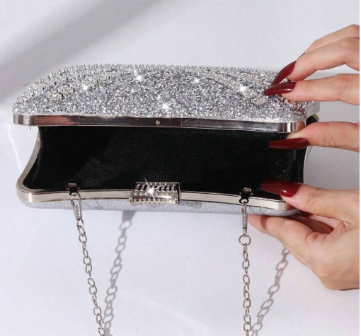 KACEY SILVER RHINESTONE COVERED RECTANGULAR HARD CASE EVENING BAG CLUTCH WITH RHINESTONE CLOSURE AND OPTIONAL SILVER CHAIN STRAP