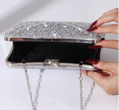 KACEY SILVER RHINESTONE COVERED RECTANGULAR HARD CASE EVENING BAG CLUTCH WITH RHINESTONE CLOSURE AND OPTIONAL SILVER CHAIN STRAP