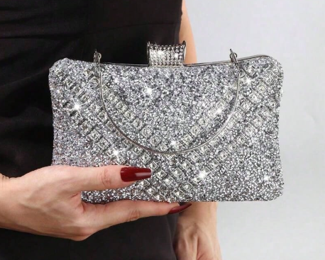 KACEY SILVER RHINESTONE COVERED RECTANGULAR HARD CASE EVENING BAG CLUTCH WITH RHINESTONE CLOSURE AND OPTIONAL SILVER CHAIN STRAP