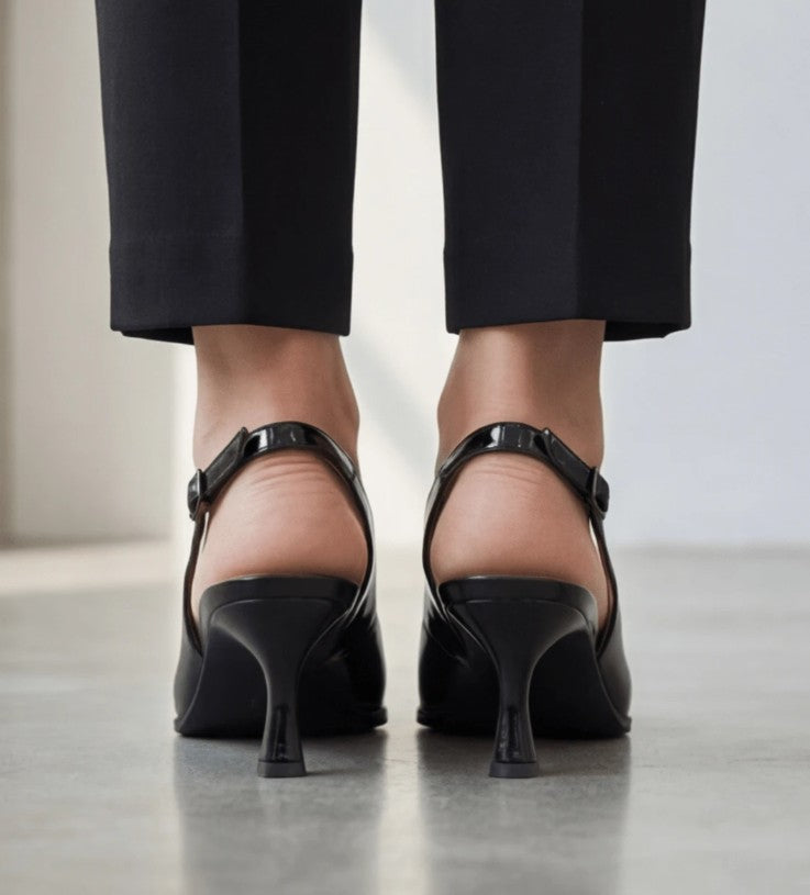 KAITLYN BLACK PATENT LEATHER SLING BACK POINTY TOE PUMP