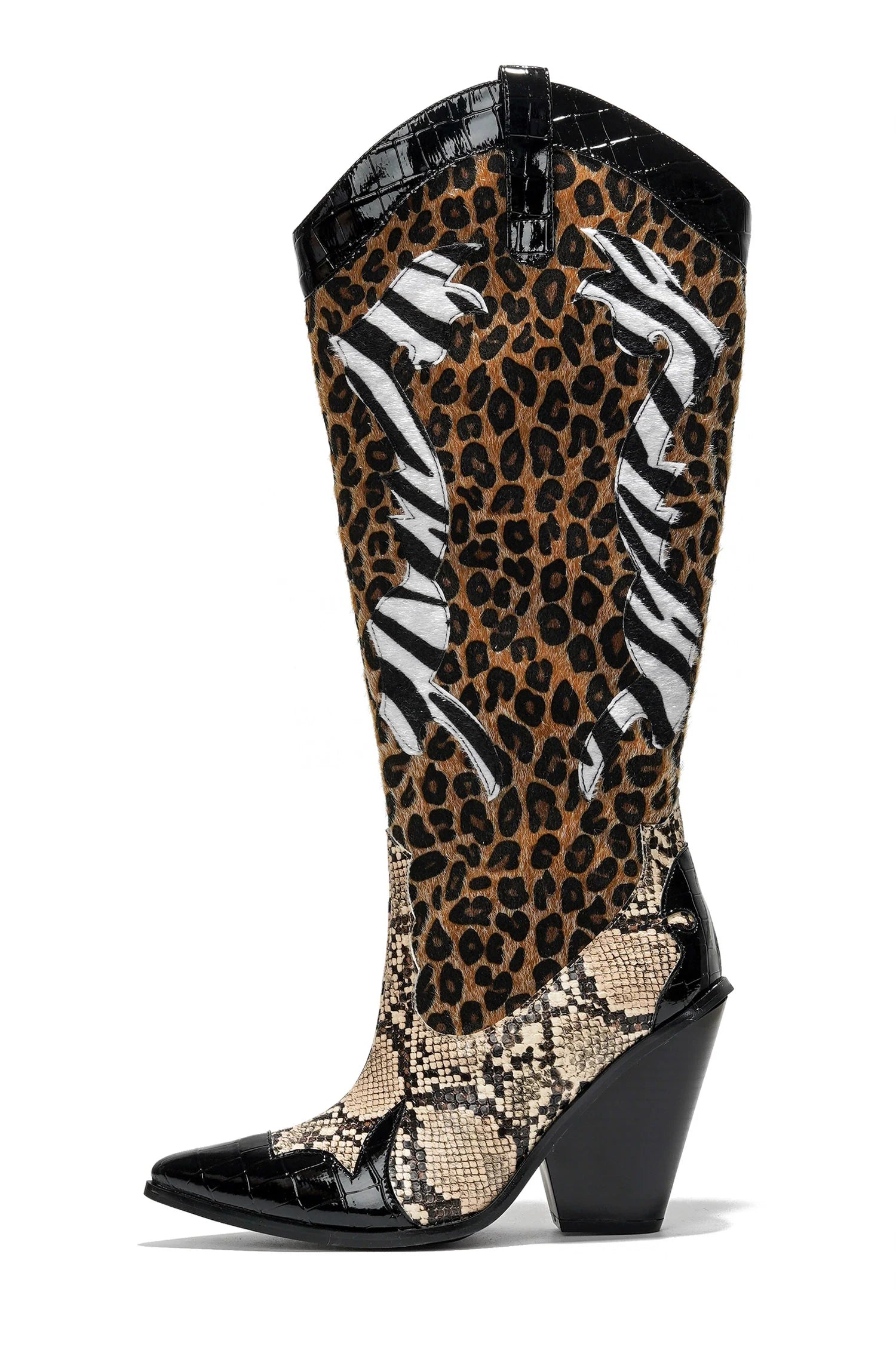 Black Brown Multi Faux Leopard Snake Zebra Cowboy Boot
- Knee High Colorblock Cowboy Boot
- Pointy Toe
- Cone Stacked Heel, Approx. 3"