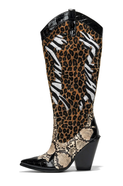 Black Brown Multi Faux Leopard Snake Zebra Cowboy Boot
- Knee High Colorblock Cowboy Boot
- Pointy Toe
- Cone Stacked Heel, Approx. 3"