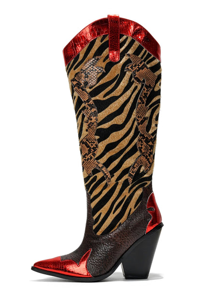 Red Metallic Black Brown Multi Faux Tiger Snake Cowboy Boot
- Knee High Colorblock Cowboy Boot
- Pointy Toe
- Cone Stacked Heel, Approx. 3"