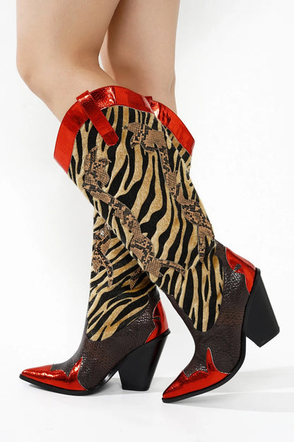 Red Metallic Black Brown Multi Faux Tiger Snake Cowboy Boot
- Knee High Colorblock Cowboy Boot
- Pointy Toe
- Cone Stacked Heel, Approx. 3"
