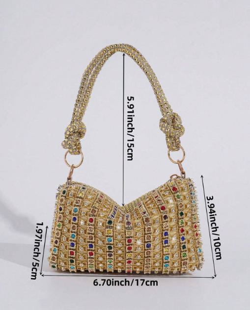 KATERINA GOLD EVENING BAG COVERED IN MUTLICOLORED RHINESTONES WITH HANDLE AND OPTIONAL CHAIN