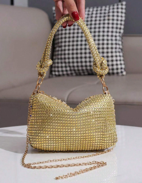 KATERINA GOLD EVENING BAG COVERED IN MUTLICOLORED RHINESTONES WITH HANDLE AND OPTIONAL CHAIN