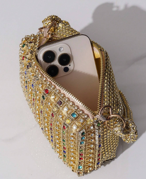 KATERINA GOLD EVENING BAG COVERED IN MUTLICOLORED RHINESTONES WITH HANDLE AND OPTIONAL CHAIN