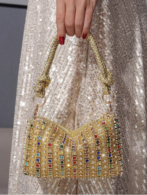 KATERINA GOLD EVENING BAG COVERED IN MUTLICOLORED RHINESTONES WITH HANDLE AND OPTIONAL CHAIN