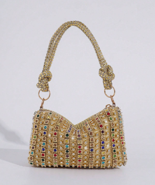 KATERINA GOLD EVENING BAG COVERED IN MUTLICOLORED RHINESTONES WITH HANDLE AND OPTIONAL CHAIN