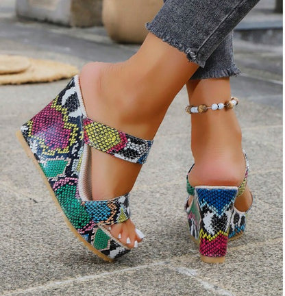 LAINEY MULTI COLOR FAUX SNAKE PRINT PLATFORM SLIP ON MULE WEDGE SANDAL