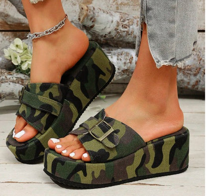 LANA CAMOUFLAGE PRINT FABRIC PLATFORM FLATFORM SLIP ON MULE OPEN ROUND TOE SANDALS