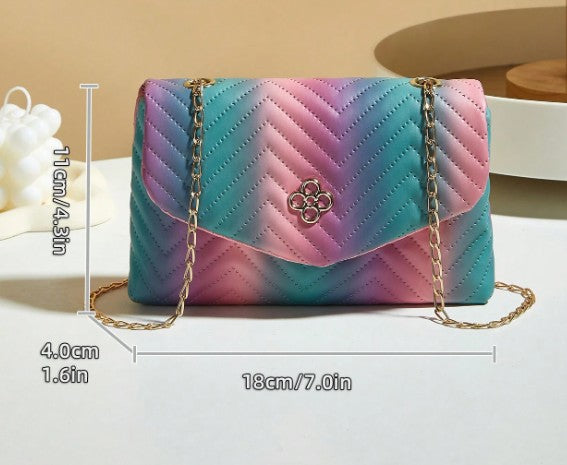 LENI MULTI COTTON CANDY PINK BLUE PURPLE SMALL BAG WITH GOLD CROSS BODY STRAP