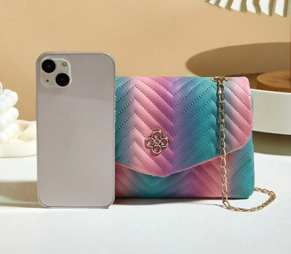 LENI MULTI COTTON CANDY PINK BLUE PURPLE SMALL BAG WITH GOLD CROSS BODY STRAP