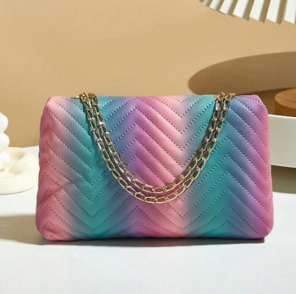 LENI MULTI COTTON CANDY PINK BLUE PURPLE SMALL BAG WITH GOLD CROSS BODY STRAP