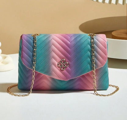 LENI MULTI COTTON CANDY PINK BLUE PURPLE SMALL BAG WITH GOLD CROSS BODY STRAP