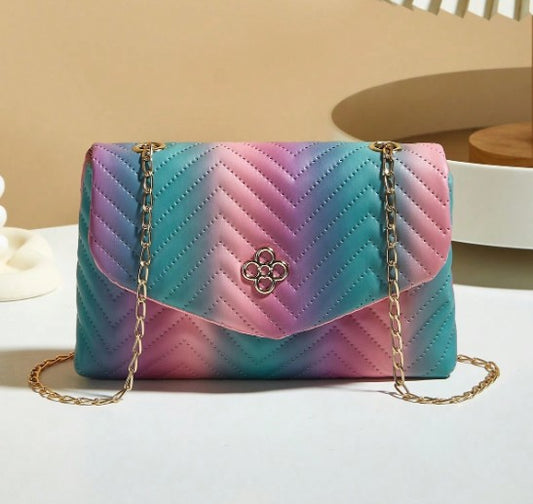 LENI MULTI COTTON CANDY PINK BLUE PURPLE SMALL BAG WITH GOLD CROSS BODY STRAP