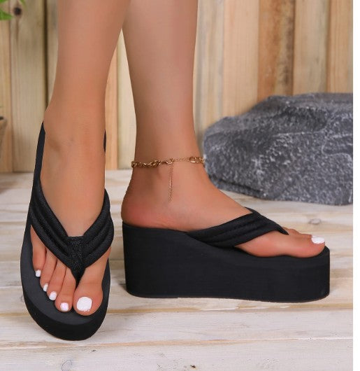 HOTNESS BLACK SPLIT TOE THONG FOAM BOTTOM WEDGE MULE SANDAL