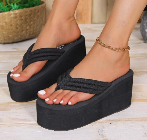 HOTNESS BLACK SPLIT TOE THONG FOAM BOTTOM WEDGE MULE SANDAL