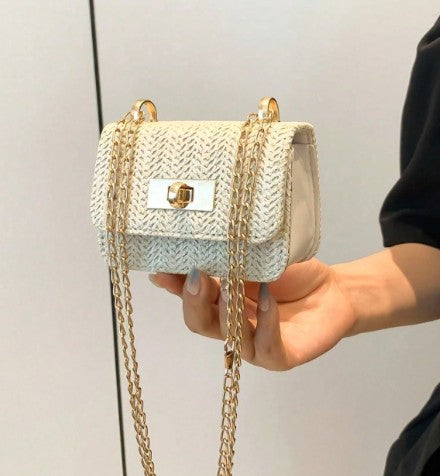 JANAE WOVEN BEIGE MINI BAG WITH CROSS BODY STRAP