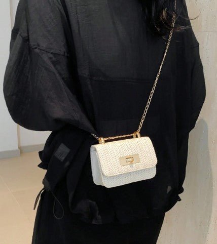 JANAE WOVEN BEIGE MINI BAG WITH CROSS BODY STRAP