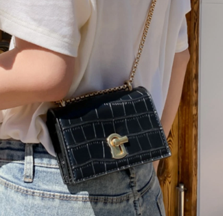 LIZETTE BLACK FAUX CROC MINI BAG WITH GOLD TURN LOCK AND GOLD CHAIN CROSS BODY STRAP