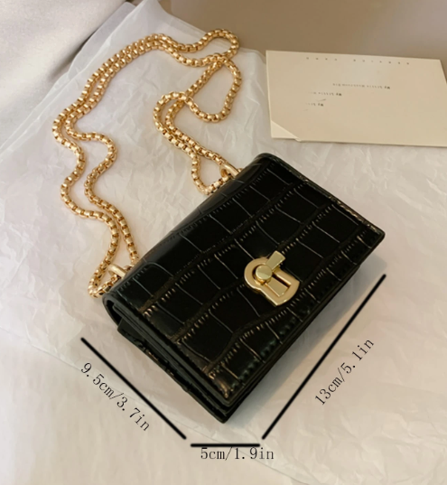 LIZETTE BLACK FAUX CROC MINI BAG WITH GOLD TURN LOCK AND GOLD CHAIN CROSS BODY STRAP