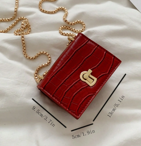 LIZETTE RED FAUX CROC MINI BAG WITH GOLD TURN LOCK AND GOLD CHAIN CROSS BODY STRAP (Copy)