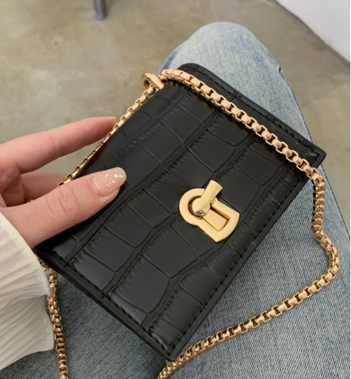 LIZETTE BLACK FAUX CROC MINI BAG WITH GOLD TURN LOCK AND GOLD CHAIN CROSS BODY STRAP