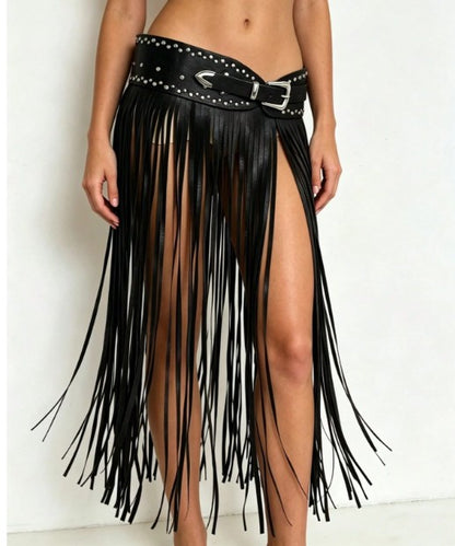 FILLY BLACK FAUX LEATHER BELT WITH STUDS AND LONG ALL AROUND FRINGE