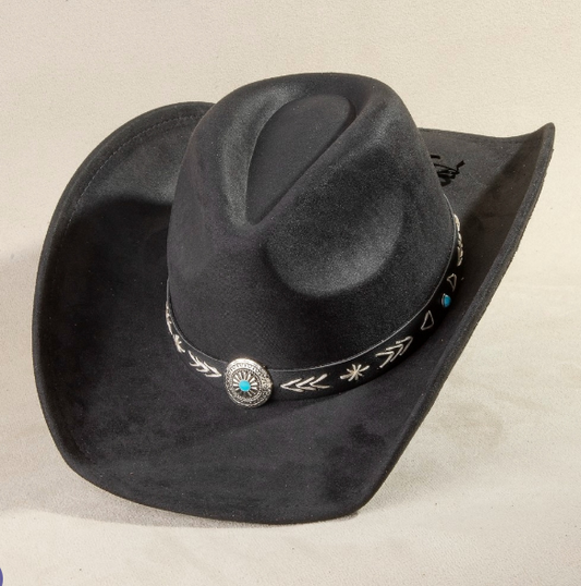 LUBBOCK BLACK FAUX SUEDE COWBOY HAT WITH FAUX LEATHER EMBOIDERED BAND AND SILVER CONCHO CENTERPICE INSET WITH TURQUOISE STONE