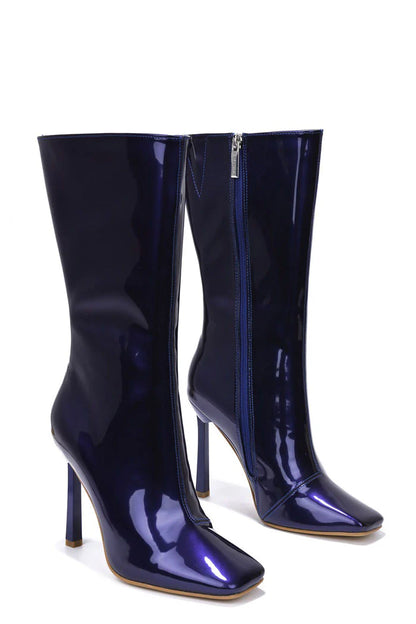 LUCIENE Royal Purple Blue Faux Patent Leather Boot - Inner Zipper Closure
